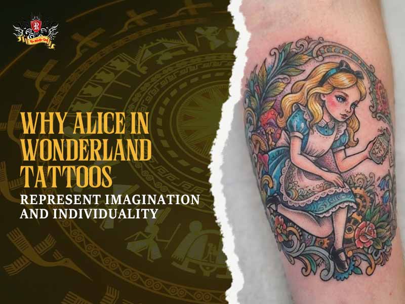 Close-up of a neo-traditional Alice in Wonderland tattoo holding a Drink Me bottle with bold lines at Rio Tattoo Studio.