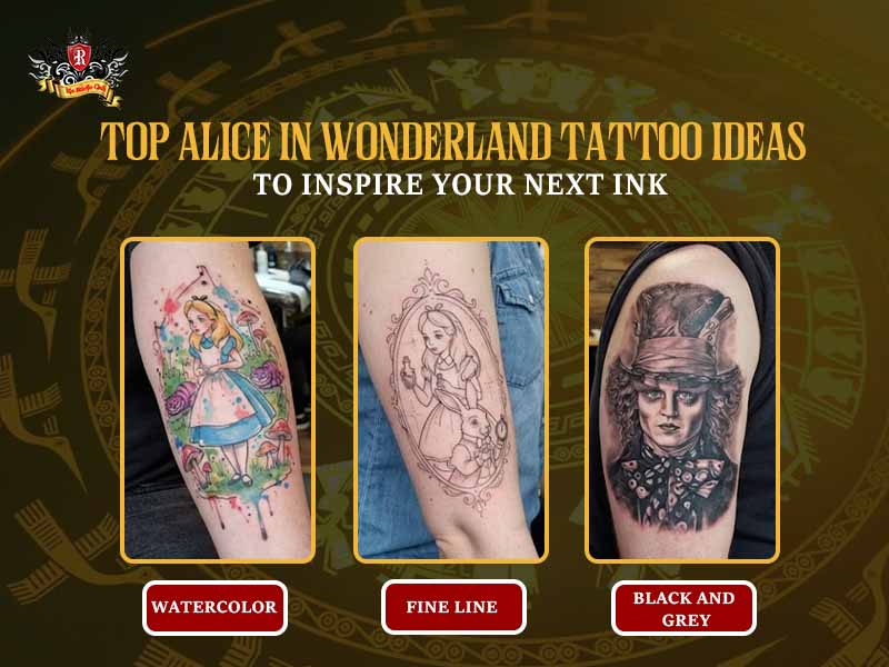 Watercolor, fine line, and black and grey styles showcasing a unique Alice in Wonderland tattoo layout at Rio Studio.