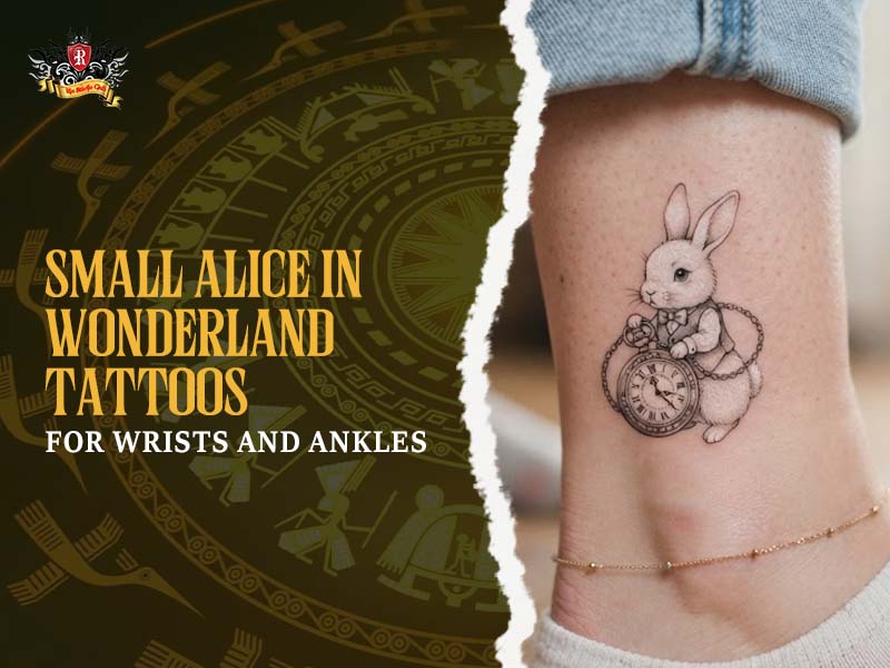 Small White Rabbit with pocket watch ankle tattoo, showcasing a delicate alice in wonderland tattoo at Rio Tattoo Studio.