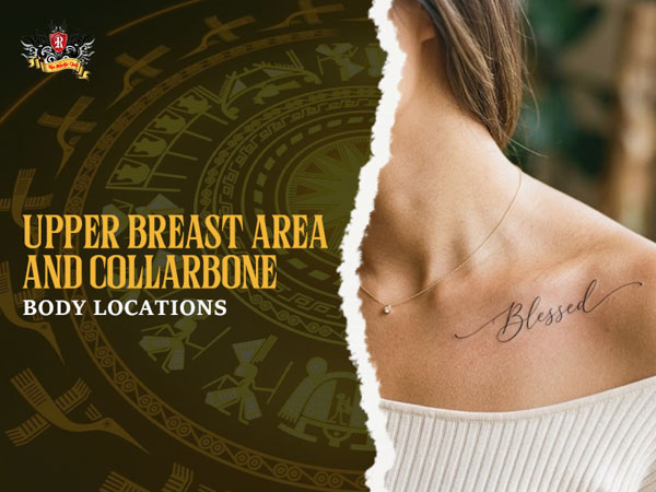 Fine-line blessed tattoo along a woman's collarbone and upper breast area from Rio Tattoo Studio.