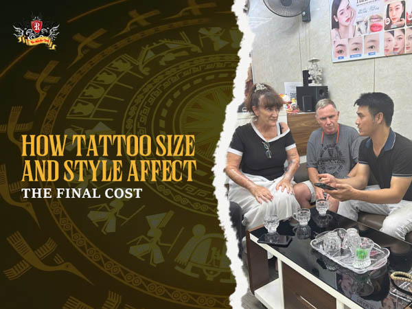 Tattoo artist discussing the size, style, and cost of a custom blessed tattoo with a foreign tourist.