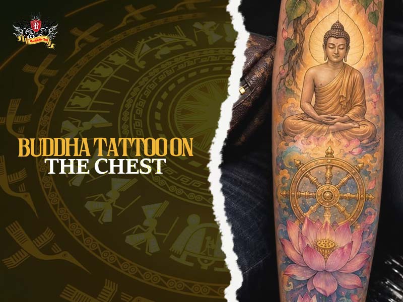 Chest to half sleeve Buddha tattoo with mandala and lotus at Rio Tattoo Studio.