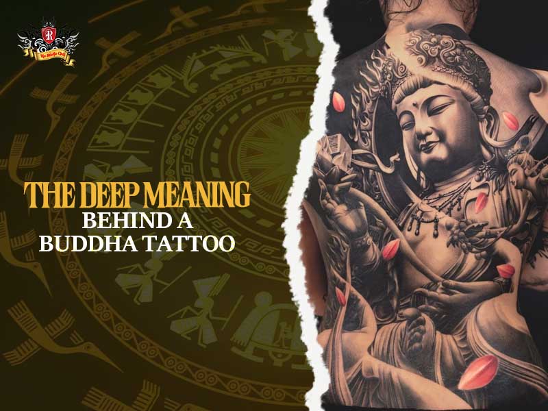 Close-up of black and grey realism Buddha tattoo with an Unalome symbol and blooming lotus at Rio Tattoo Studio.