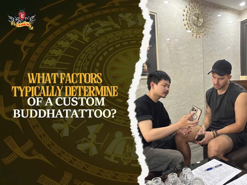 Client consulting with a staff member at Rio Tattoo Studio about the price of a custom Buddha tattoo.