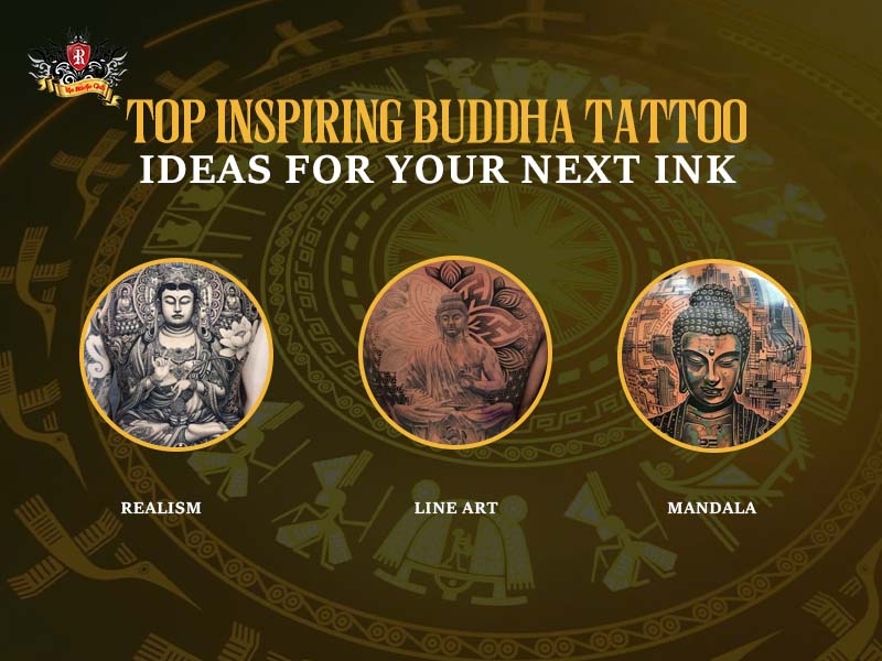 Three Buddha tattoo styles including realism line art and mandala design at Rio Tattoo Studio.