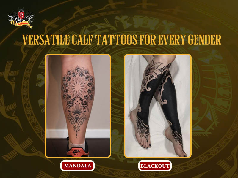 Side-by-side contrast of versatile calf tattoos for every gender with mandala and blackout designs at Rio Tattoo Studio.