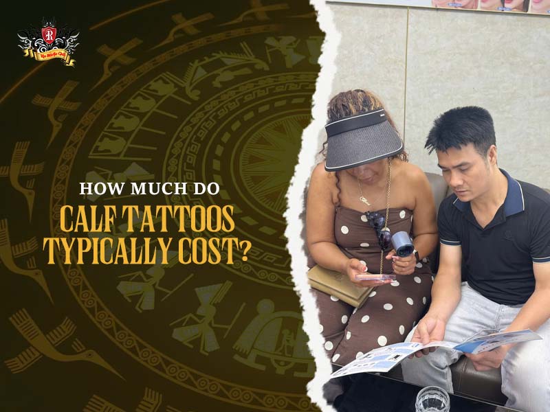 Artist consulting a client about the cost of tattoos on calf at Rio Tattoo Studio.