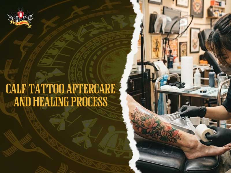 Artist applying second skin for calf tattoo aftercare and healing process of tattoos on calf at Rio Tattoo Studio.