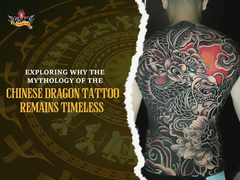 Close-up of a Chinese dragon tattoo head with sharp eyes and majestic horns at Rio Tattoo Studio.