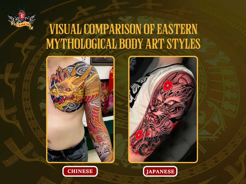 Visual comparison of a Chinese dragon tattoo and Japanese style claws and face details at Rio Tattoo Studio.