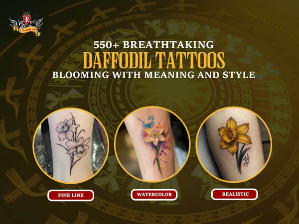 An artistic banner featuring various daffodil tattoos in fine line, watercolor, and realistic styles with typography text