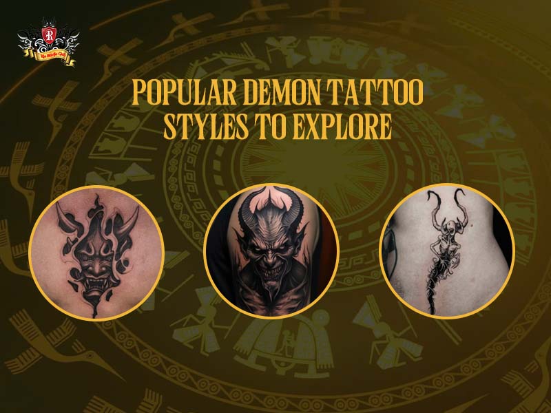 A collage of a traditional Japanese, dark realistic, and minimalist demon tattoo at Rio Tattoo Studio.