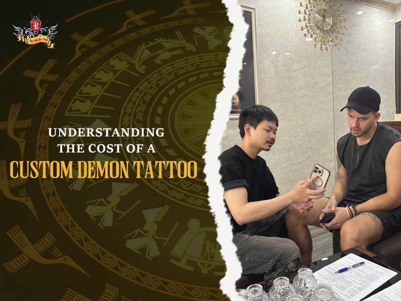 A tattoo artist consulting a foreign client about a custom demon tattoo cost at Rio Tattoo Studio.