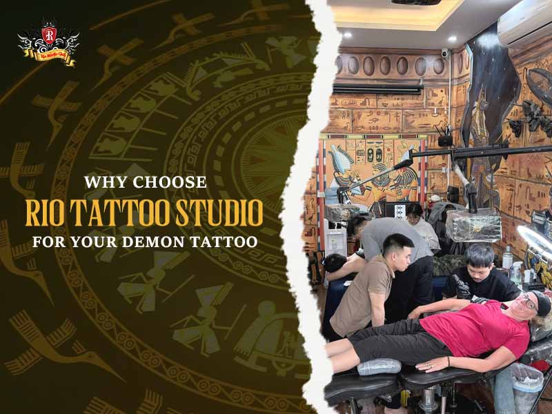 Artists working with foreign clients in a clean studio to get a custom demon tattoo at Rio Tattoo Studio.