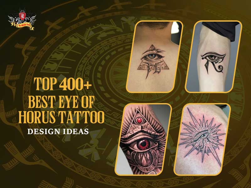 Four high-quality eye of Horus tattoo designs in minimalist, highly detailed, and vibrant colored styles at Rio Tattoo Studio.
