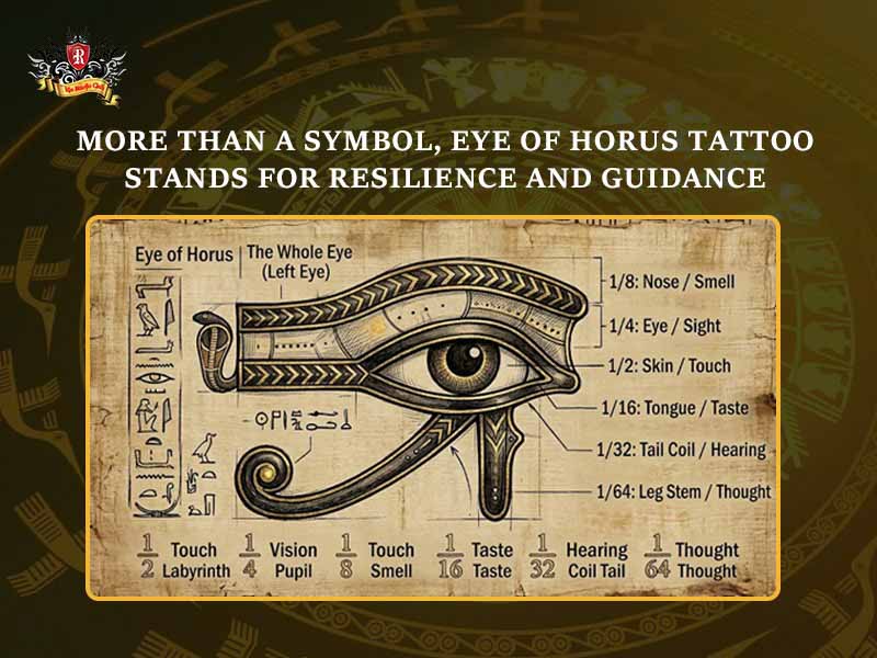 Gold and black eye of Horus tattoo diagram showing fractional parts for senses with text about resilience and guidance.