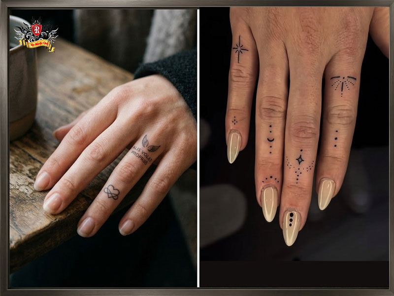 Cinematic layout of a small text and heart symbol showcasing a classy finger tattoo for women at Rio Tattoo Studio.