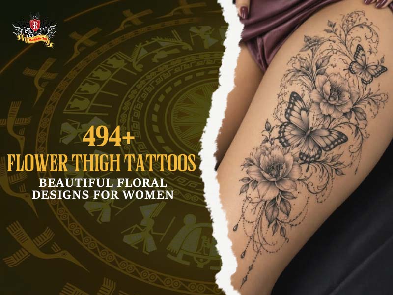 Beautiful custom flowers thigh tattoo with elegant floral designs for women at Rio Tattoo Studio.