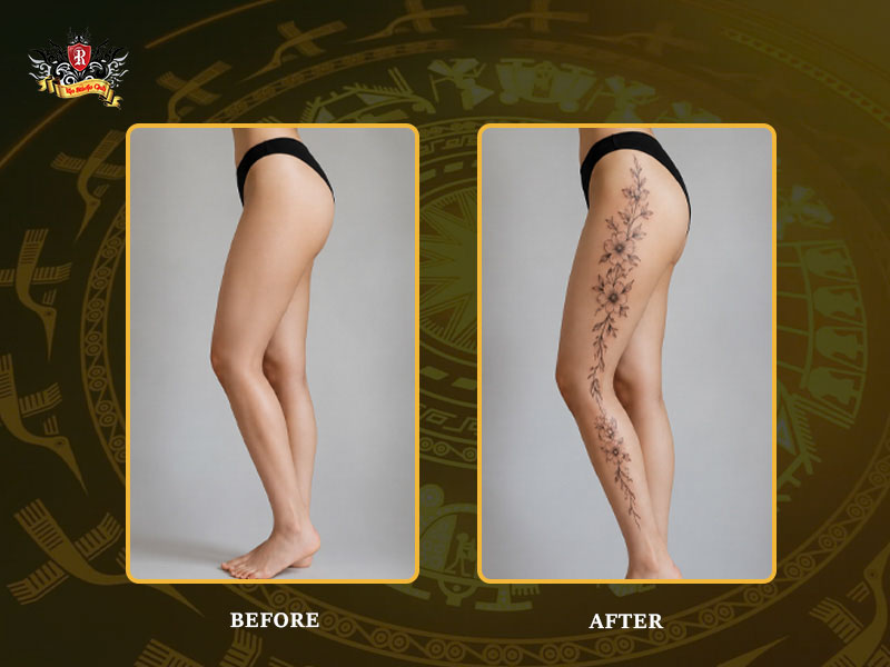 Before and after visual comparison of a custom flowers thigh tattoo on the side thigh curve at Rio Tattoo Studio.