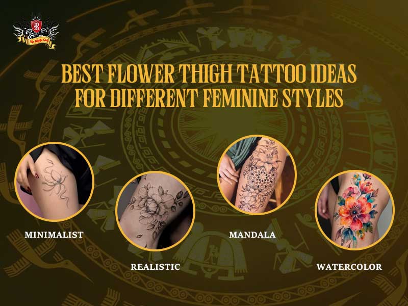 Four feminine custom flowers thigh tattoo styles including minimalist mandala realistic and watercolor at Rio Tattoo Studio.