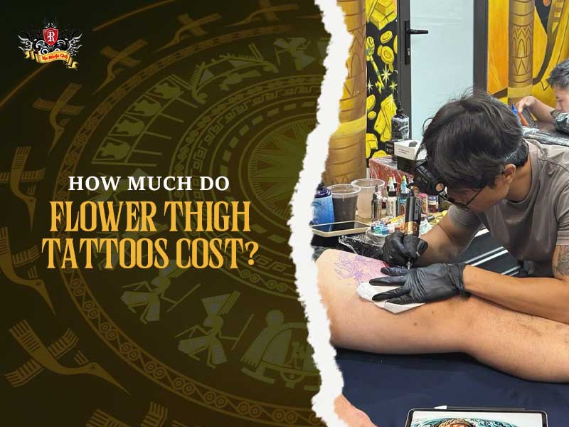 Professional artist working in a sterile room on a unique flowers thigh tattoo layout at Rio Tattoo Studio.