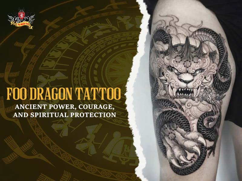 Realistic leg foo dragon tattoo with text about ancient power and spiritual protection at Rio Tattoo Studio.