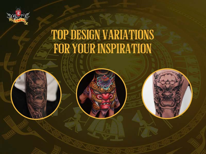 Three foo dragon tattoo designs in black and white traditional, vibrant color, and realistic styles at Rio Tattoo Studio.