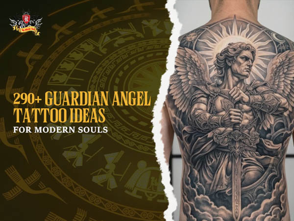 Cinematic hero banner of a guardian angel with large wings and a realistic guardian angel tattoo with typography text.