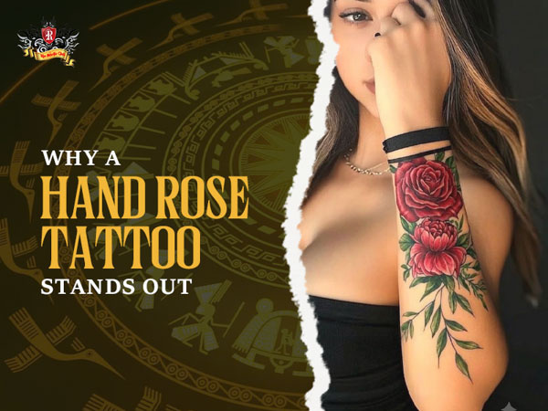 A foreign client extending their arm to show a vibrant hand rose tattoo at Rio Tattoo Studio.