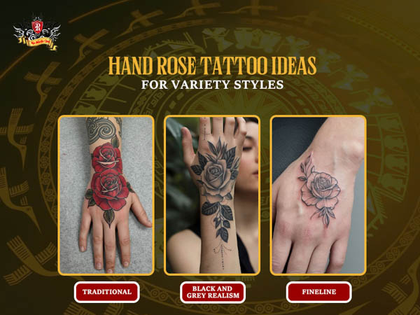 Various traditional, realism, and fineline hand rose tattoo styles crafted at Rio Tattoo Studio.