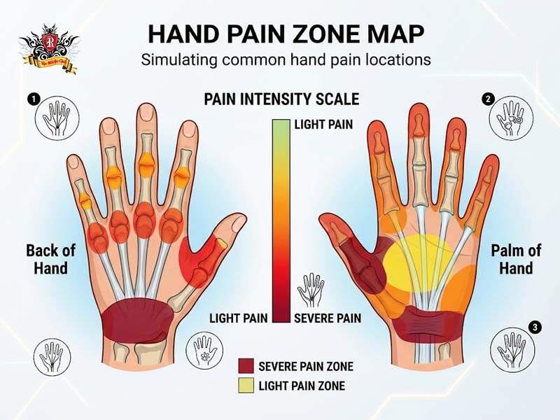 Hand tattoo pain level infographic chart mapping placement for bold hand tattoos for guys at Rio Tattoo Studio.