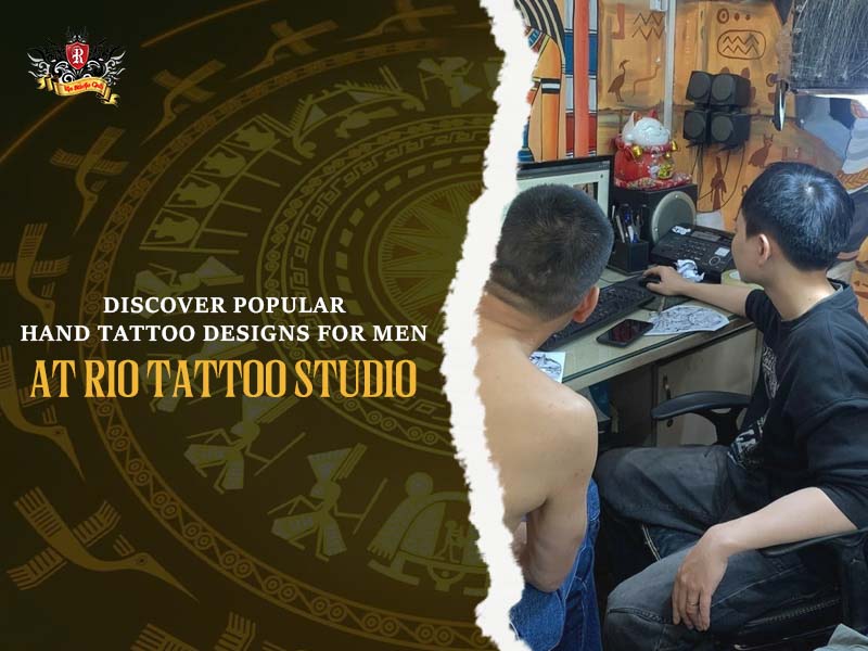 Luxurious sterile interior of Rio Tattoo Studio with a tourist discussing ideas for bold hand tattoos for guys.