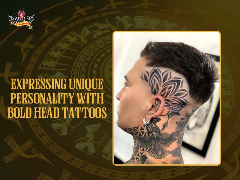 Close-up of fresh ink on side head with text Expressing unique personality with bold head tattoos.