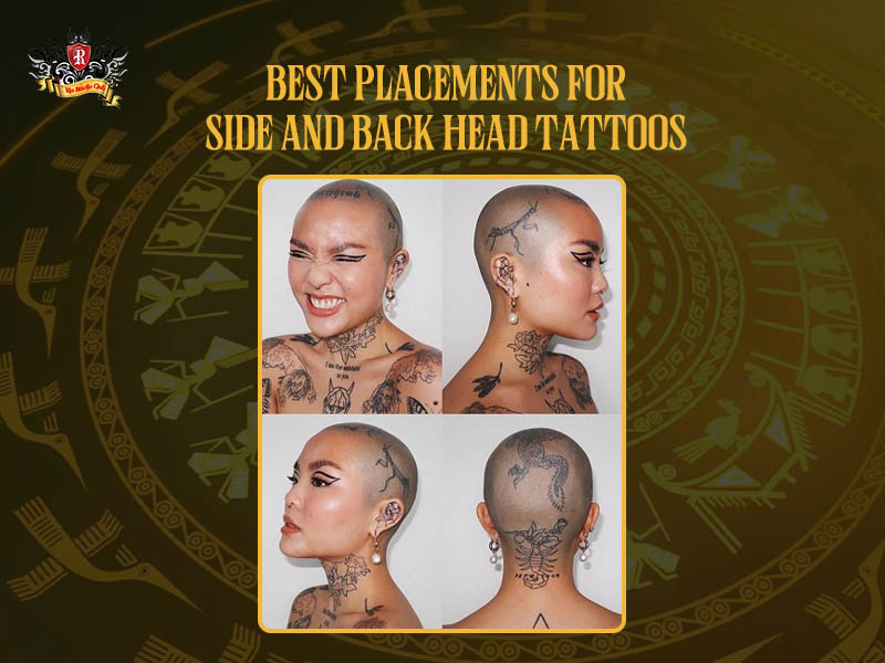 Multi-angle scalp guide with text Best placements for side and back head tattoos, showcasing options for head tattoos.