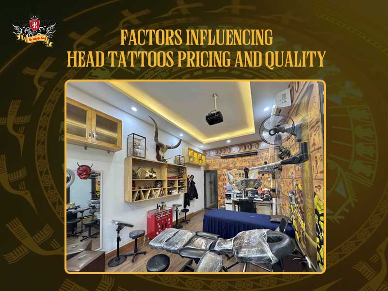 Rio Tattoo Studio workspace with text Factors influencing head tattoos pricing and quality.