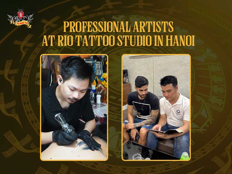Two photos of artists inking and consulting with text Professional artists at Rio Tattoo Studio in Hanoi for head tattoos.
