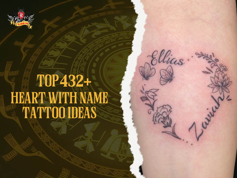 Custom heart with name tattoo on a foreign customer with text overlay Top 432+ ideas banner at Rio Tattoo Studio.