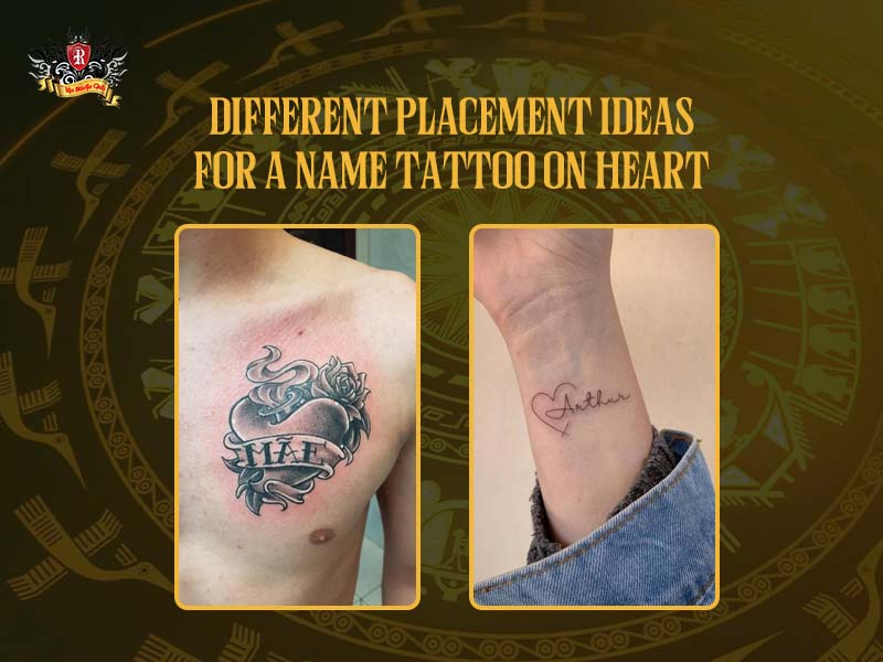 Female wrist and male chest placements for a custom heart with name tattoo with text banner at Rio Tattoo Studio.