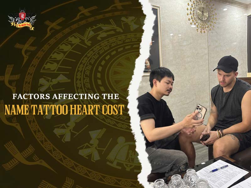 Rio Tattoo Studio artist consulting customer about heart with name tattoo pricing factors with text overlay banner.