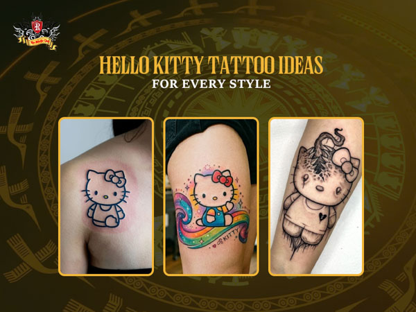 Three Hello Kitty tattoo designs in minimalist, vibrant color gradient, and dark styles at Rio Tattoo Studio.