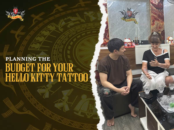 A client consulting with a tattoo artist about planning the budget for a hello kitty tattoo at Rio Tattoo Studio.