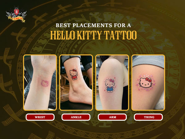 A guide showcasing the best placements for a hello kitty tattoo on the wrist, ankle, and shoulder at Rio Tattoo Studio.