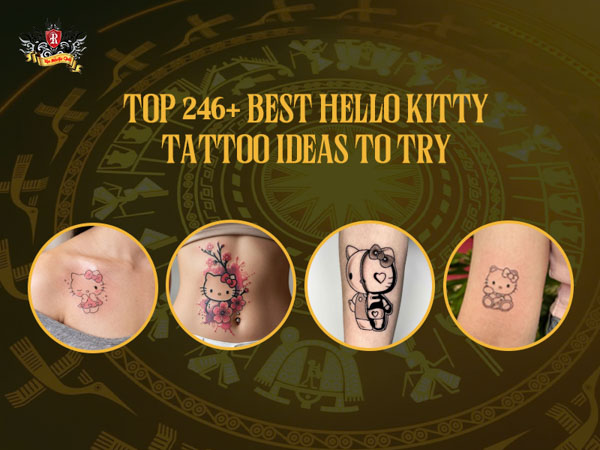 Four diverse Hello Kitty tattoo styles including minimalist, watercolor, dark gothic, and fineline at Rio Tattoo Studio.