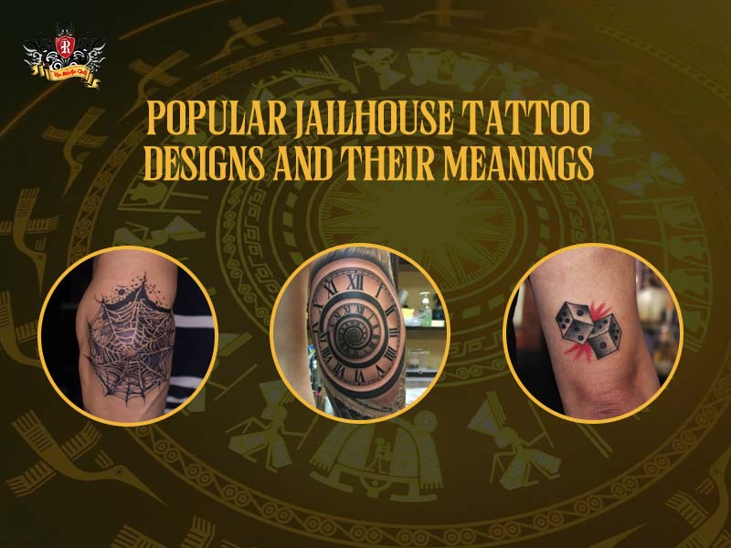 Popular jailhouse tattoo designs including a spiderweb, a clock with no hands, and dice at Rio Tattoo Studio.