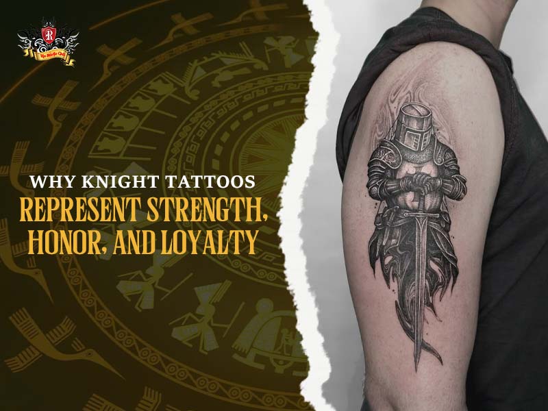 A muscular man showing a powerful knight tattoo holding a sword on his bicep at Rio Tattoo Studio.
