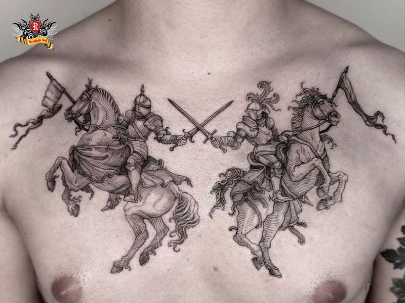 Close-up of a bold knight tattoo layout on the chest and full back at Rio Tattoo Studio.