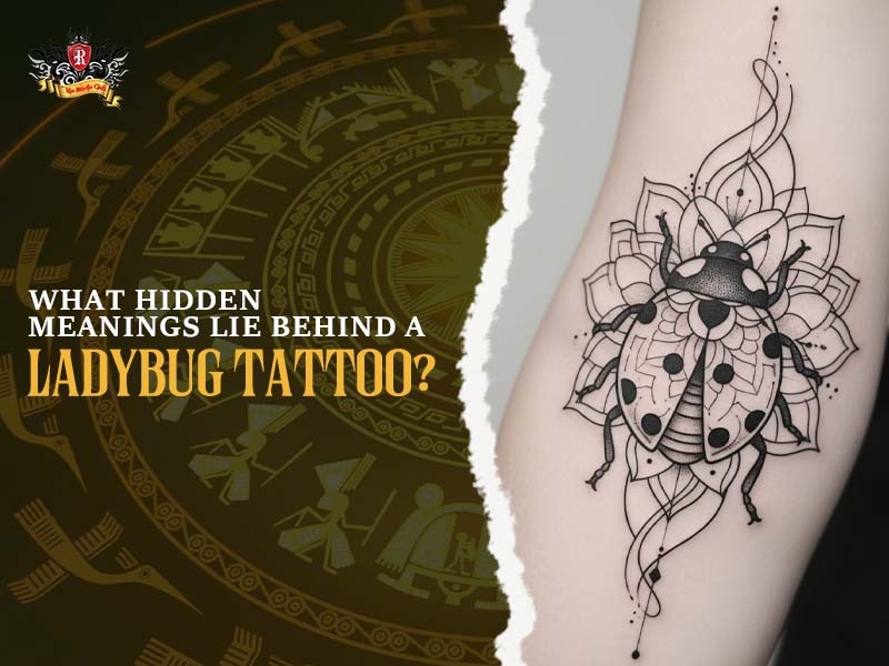 Macro shot of a ladybug tattoo with mandala details, offering protection meanings similar to a sacred rosary tattoo.
