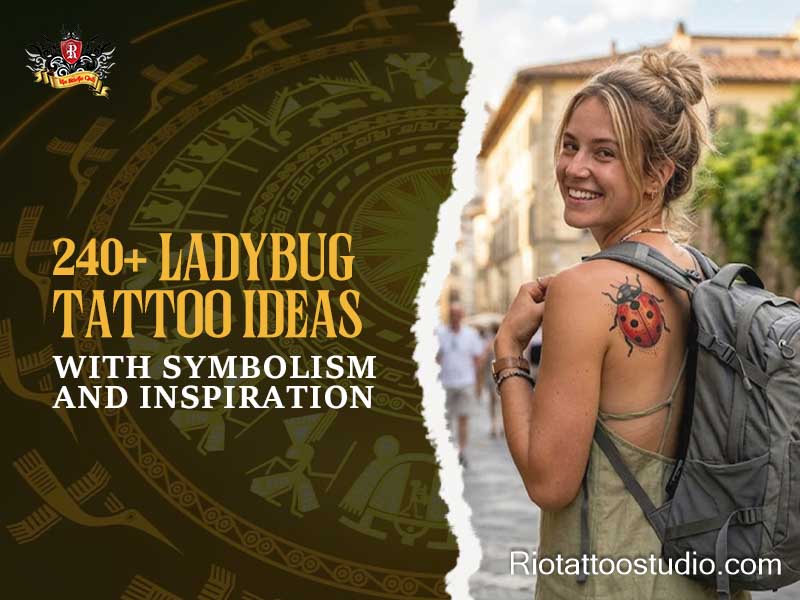 Smiling foreign traveler with a vibrant ladybug tattoo on her shoulder, exploring ideas beyond a traditional rosary tattoo.