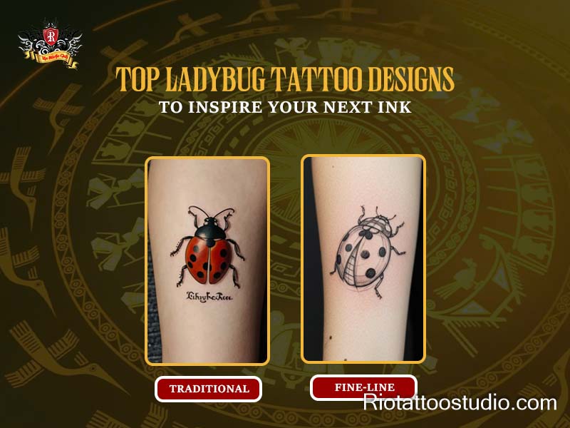 Four quadrant banner of ladybug tattoo styles including traditional, 3D, watercolor, and fine-line near a rosary tattoo menu.