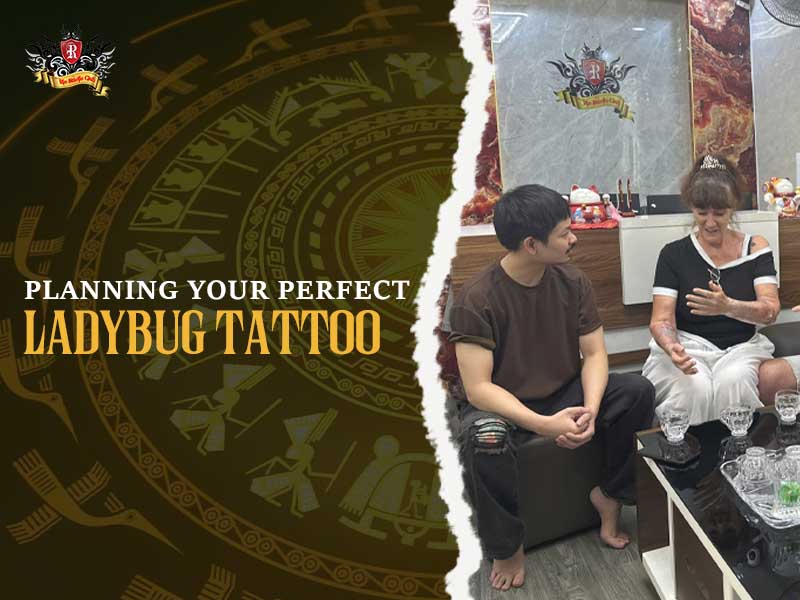 Professional tattoo artist consulting with a foreign traveler about planning their perfect ladybug tattoo design.